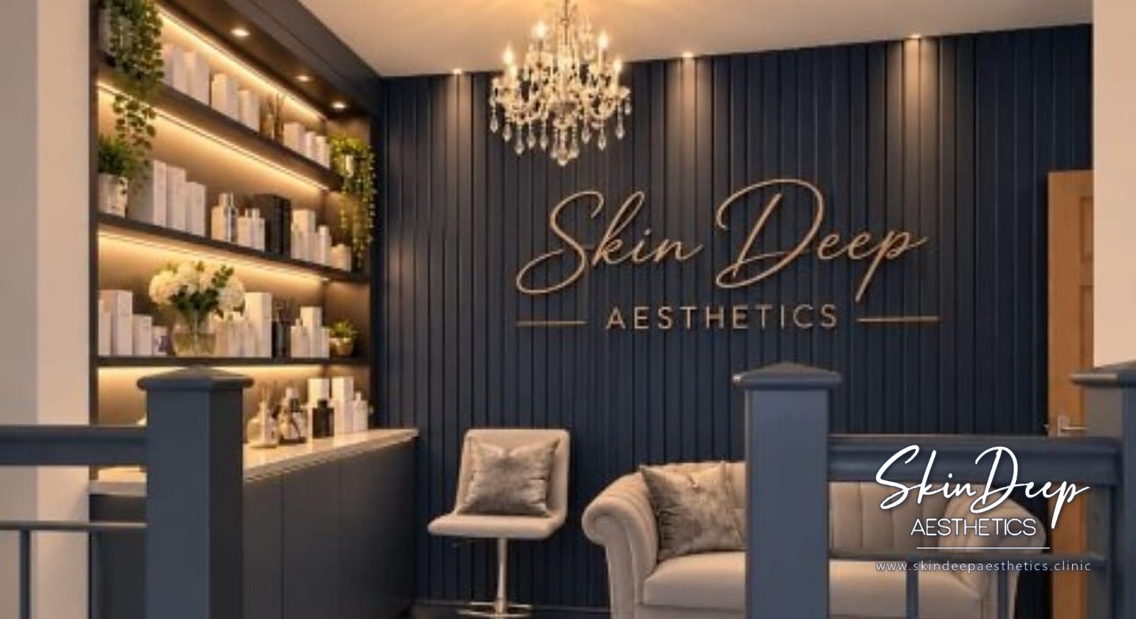 Reception and skincare shelves at Skin Deep Aesthetics